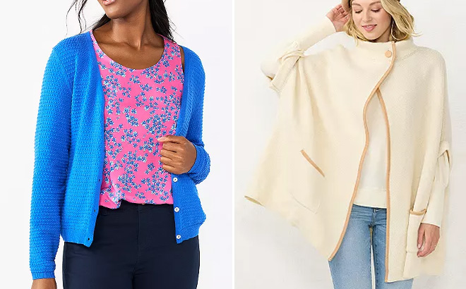 Womens DRAPER JAMES Cardigan in Blue on Left and Womens LC Lauren Conrad Solid Knit Riding Cape on Right