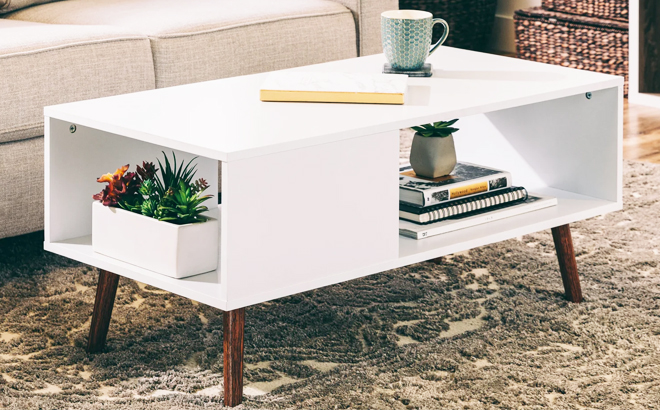 Wooden Mid Century Modern Coffee Accent Table in White