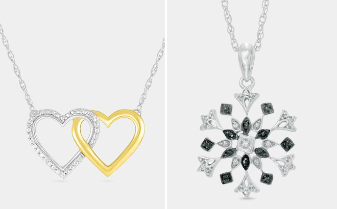 Zales Diamond Accent Double Linked Heart Necklace and Enhanced Black and White Diamond Accent Snowflake Pendant