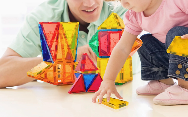 a Father with His Toddler Playing with a Tytan Tiles Magnetic Toy Tiles