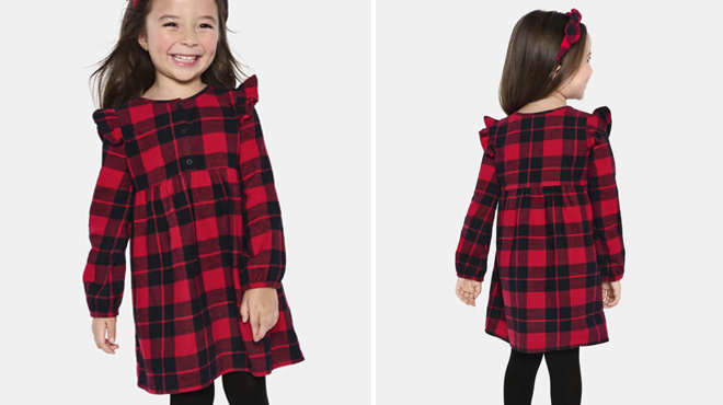 a Girl Wearing The Childrens Place Toddler Girls Matching Family Buffalo Plaid Flannel Shirt Dress