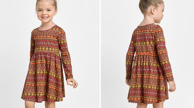 a Girl Wearing The Childrens Place Toddler Girls Pumpkin Fairisle Everyday Dress