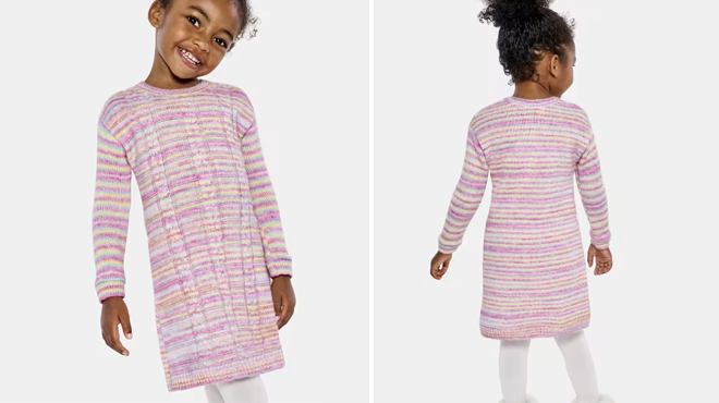 a Girl Wearing a The Childrens Place Toddler Girls Rainbow Striped Cable Knit Sweater Dress