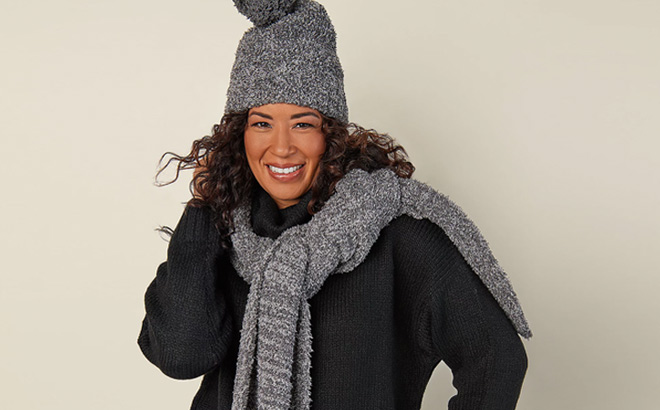 a Woman Wearing Barefoot Dreams Beanie and Scarf Set