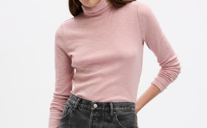 a Woman Wearing GAP Essential Ribe Turtleneck T Shirt 1