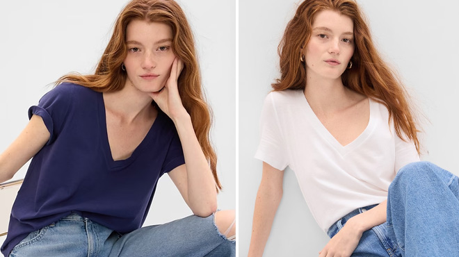 a Woman Wearing GAP Essential Ribe Turtleneck T Shirt