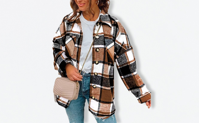 a Woman Wearing a Binshre Womens Cropped Plaid Shacket