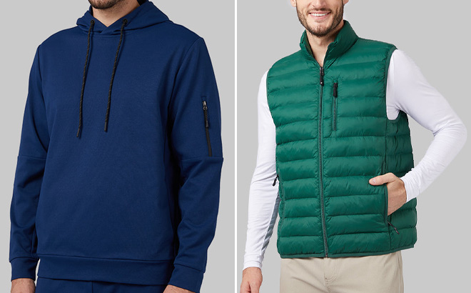 32 Degrees Mens Hoodie in Blue on Lefr and Mens Vest in Green on Right