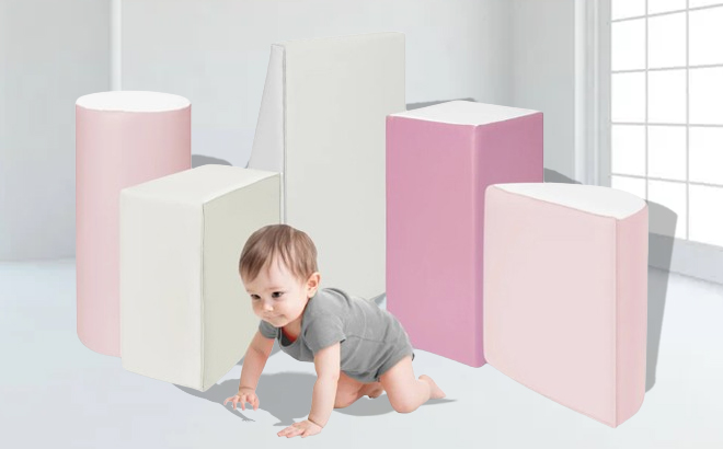 5 Piece Kids Climb Crawl Soft Foam Shapes Structure Playset in Pink color