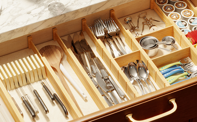 A Drawer with Bamboo Dividers and Utensils