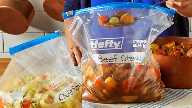 A Person Storing Food Using Hefty Slider Freezer Storage Bags
