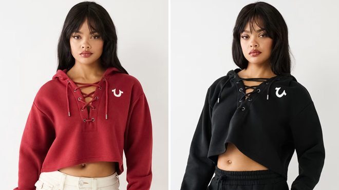 A Woman Wearing True Religion Lace Up Hoodies in Ruby Red and Black Colors