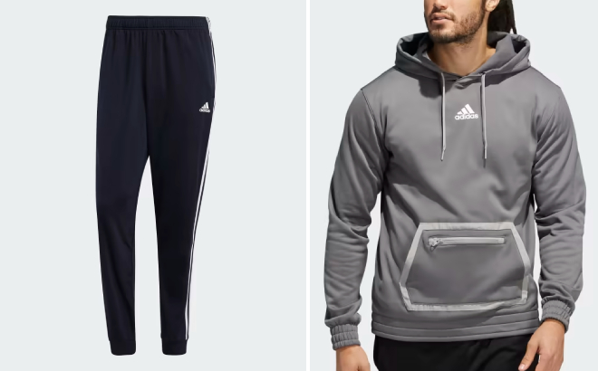 Adidas Essential Tapered 3 Stripes Mens Track Pants and Team Issue Pullover Hoodie