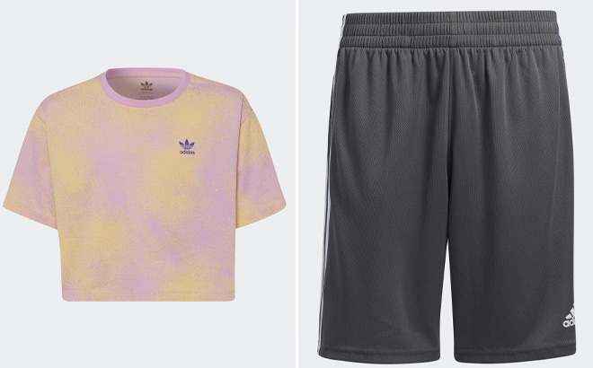 Adidas Kids Graphic Print Cropped Tee on Left and Adidas Kids cCassic 3 Stripes Shorts on Right