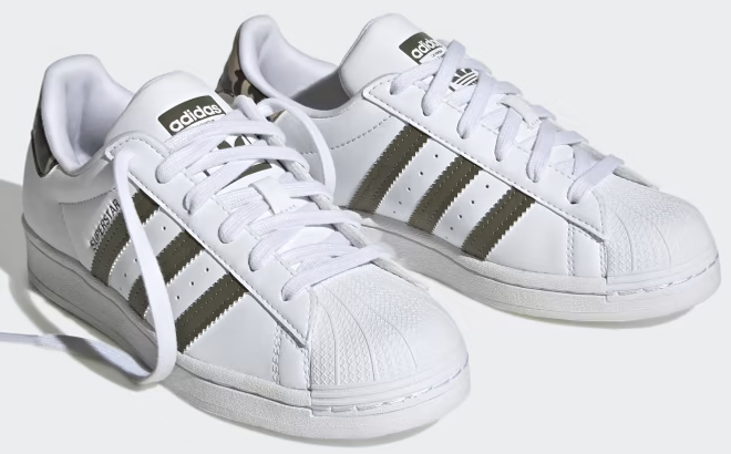 Adidas Kids Superstar Shoes in White and Olive Green