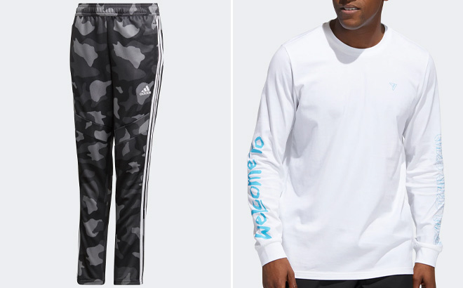 Adidas Kids Trainng Pants on Left and Adidas Mens Trae Graphic Tee on Right