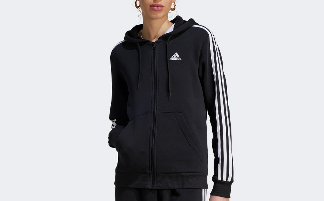 Adidas Womens Essentials 3 Stripes Full Zip Fleece Hoodie