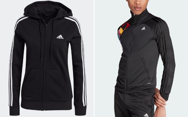 Adidas Womens Essentials Fleece 3 Stripes Full Zip Hoodie and Womens Tiro Training Pride Track Jacket