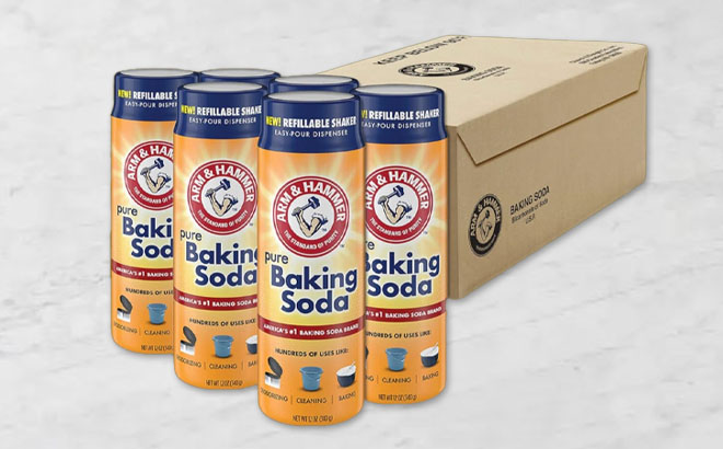 Arm Hammer Baking Soda Shaker 6 Pack on a Table