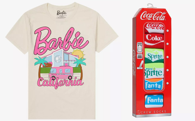 Barbie Dreamhouse Boyfriend Fit Girls T Shirt on Left and Coca Cola Soft Drinks Crew Socks 6 Pair on Right