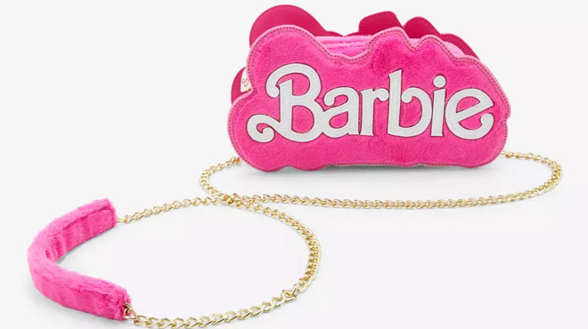 Barbie Logo Fuzzy Mini Crossbody Bag showing the Gold Chain Sling