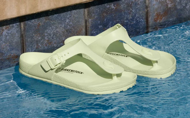 Birkenstock Gizeh Eva Sandals in Faded Lime Floating in a Pool