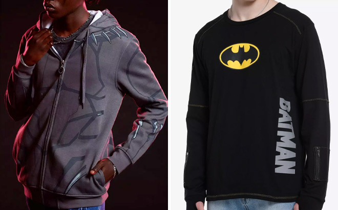 Black Panther Hoodie on Left and The Flash Batman Zipper Long Sleeve T Shirt on Right