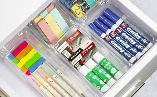 Clear Drawer Organizers 23 Piece Set Filled with Stationery