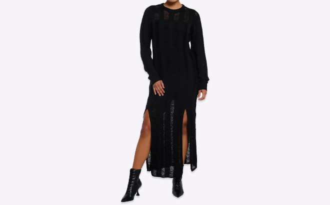 Cosmic Aura Stripe Destructed Slit Maxi Sweater Dress in Black Color