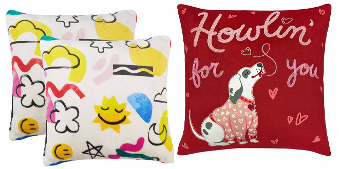 Crayola X Kohls 2 Pack Doodle Throw Pillows on Left and Celebrate Together Valentines Day Pillow on Right