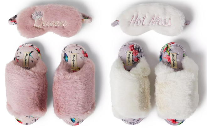 Dearfoams Louise Faux Fur Cross Band Womens Slide Slippers with Sleep Mask