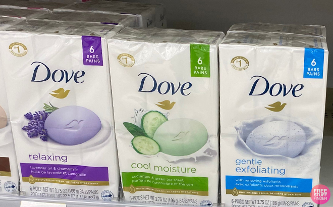 Dove Cool Moisture Bar Soap 6 Pack on a Shelft at a Store