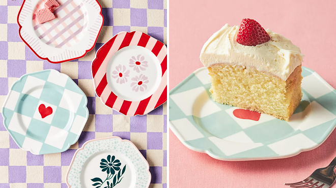 Four Anthropologie Vaisselle Canape Plates on the Left and Same Plate with Cake on the Right