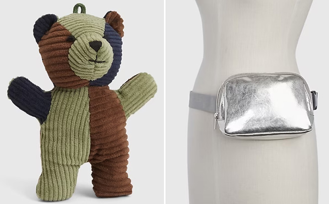 GAP Mini Corduroy Brannan Bear Toy on Left and Image number 3 showing Vegan Leather Metallic Belt Bag on Right