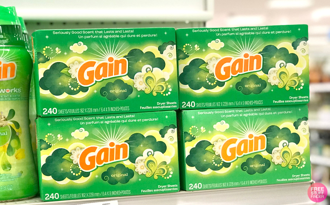 Gain 240 Count Dryer Sheets in Original Scent on a Shelf