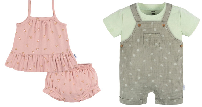 Gerber 2 Piece Baby Girl Set on Left and Gerber 2 Piece Baby Romper and T Shirt Set on Right