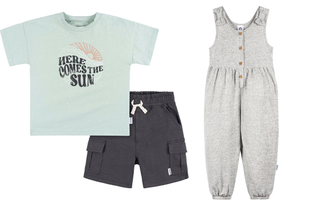 Gerber 2 Piece Toddler Boys Set on Left and Gerber Toddler Girls Grey Romper on Right