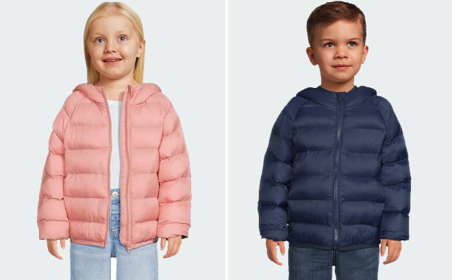 Girl and Boy are Wearing Wonder Nation Toddler Boys and Girls Unisex Packable Quilted Puffer Jackets