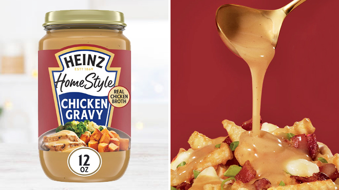 Heinz Homestyle Classic Chicken Gravy 12 Ounce Jar on the Left and Pouring Gravy to the Fries on the Right