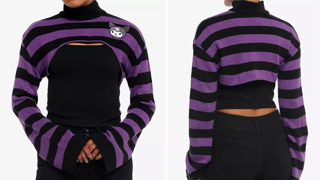 Images of a Person Wearing a Kuromi Black Purple Stripe Bolero Girls Crop Shrug