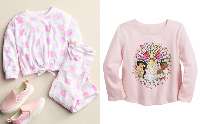 Jumping Beans Velour Top and Bottom Set on Left andDisney Princesses Baby Toddler Girl Long Sleeve Tee on Right