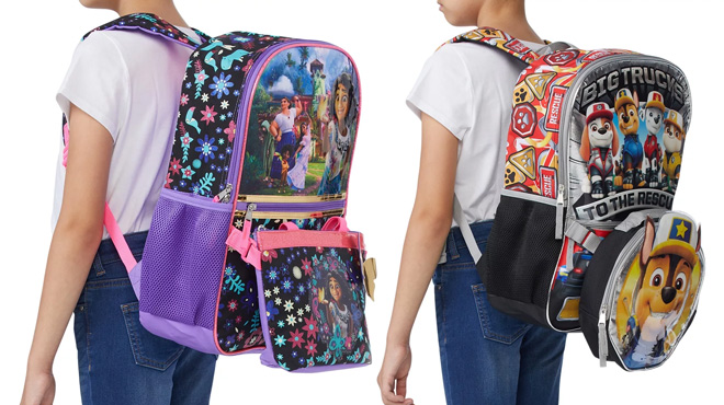 Two Kids Wearing Disney Encanto and Paw Patrol Laptop Backpacks
