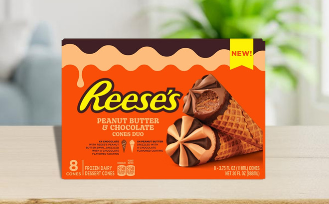 Klondike Reeses Ice Cream Cones 8 Pack on a Table