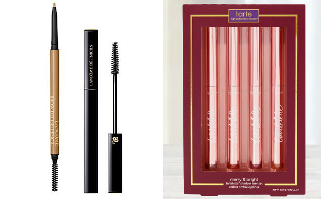 Lancome Mascara Brow Pencil on Left and Tarte 4 piece Tartelette Shadow Stick Set on Right