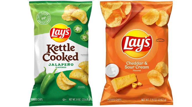 Lays Kettle Cooked Jalapeno and Cheddar and Sour Cream Chips on White Background