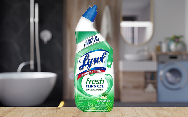 Lysol Toilet Bowl Cleaner Gel in the Forest Rain Scent on a Bathroom Counter