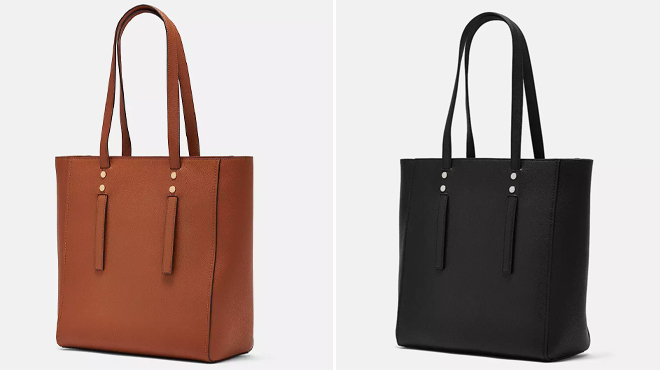 Brown Marc Jacobs Jordan Work Tote on the Left and Black on the Right on a Light Gray Background