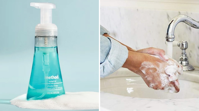 Method Foaming Hand Soap Waterfall on the Left and a Person Washing Hands on the Right