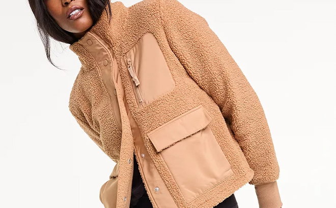 Model Wearing Womens FLX Boucle Bomber Jacket in Beige