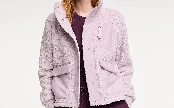 Model Wearing Womens FLX Boucle Bomber Jacket in Pink